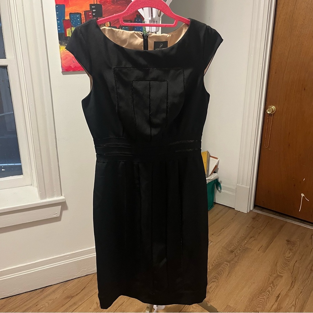 Adrianna Papell Black Satin Dress size 8 lace panel